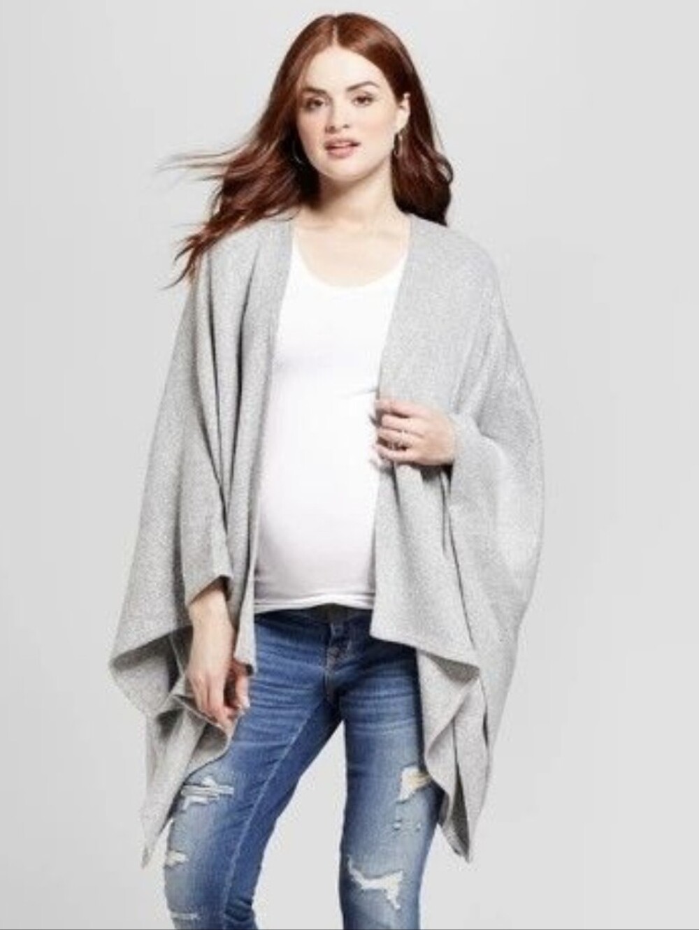 Isabel Maternity Light Gray Knit Draped Open-Front Cardigan Poncho OS